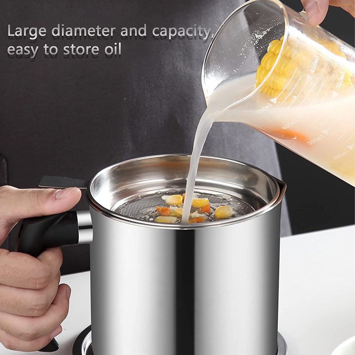 Stainless Steel Oil Strainer Pot With Lid And Filter Mesh (1 Set)
