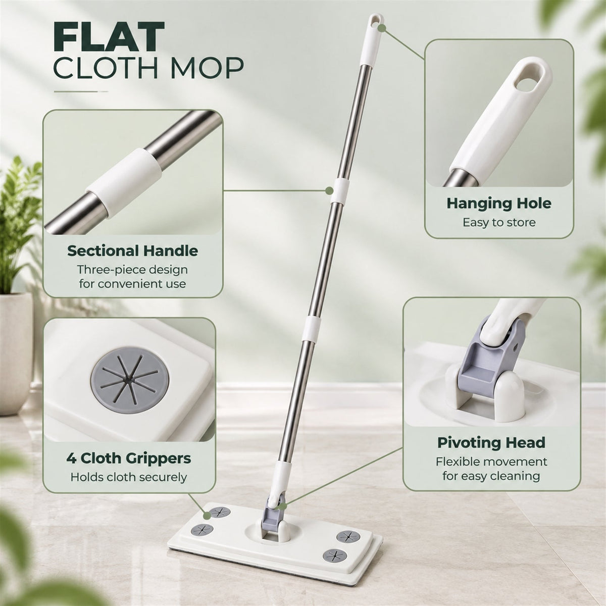 Rotating Flat Mop With Sectional Rod And Cloth Clips For Cleaning (110 X 26 Cm)