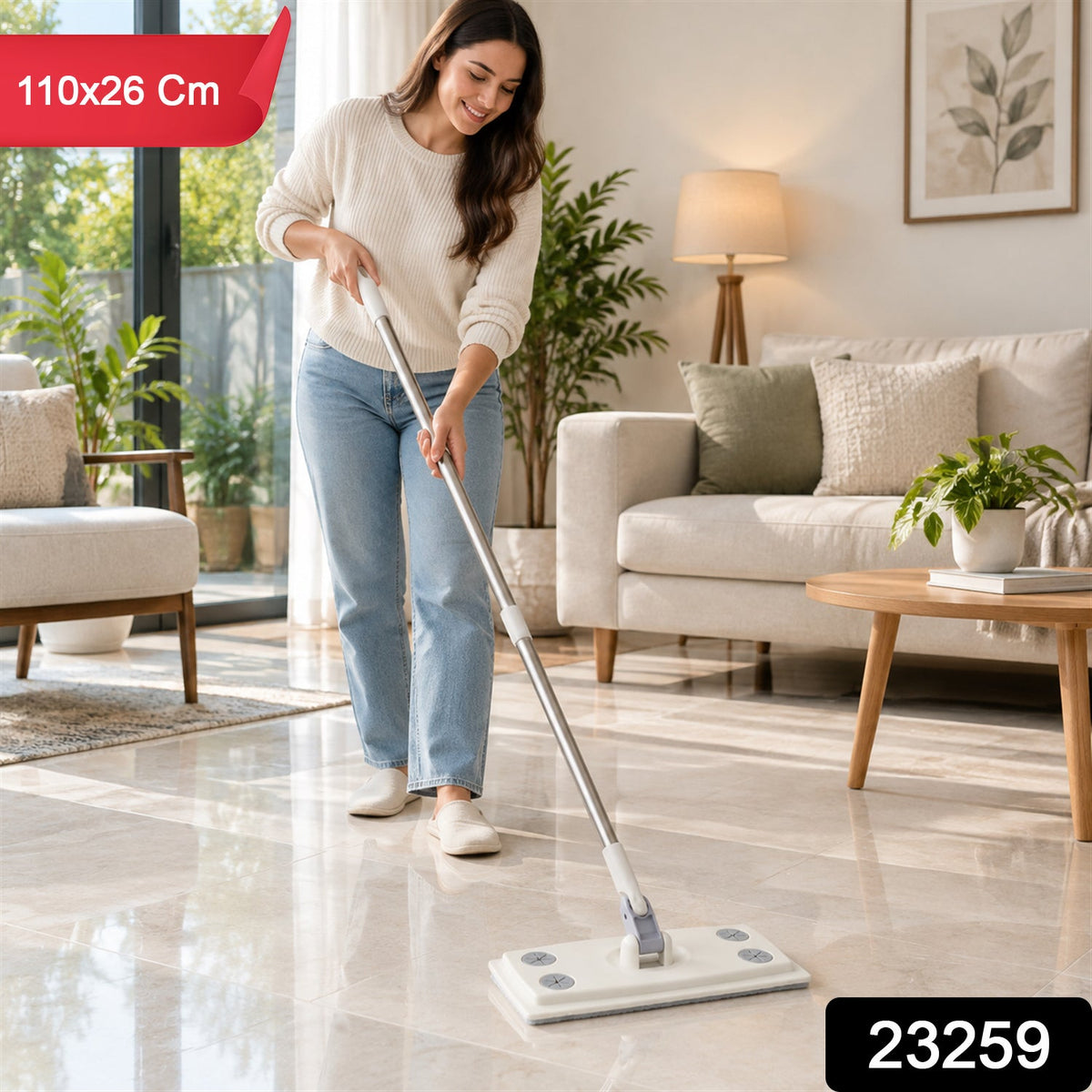 Rotating Flat Mop With Sectional Rod And Cloth Clips For Cleaning (110 X 26 Cm)